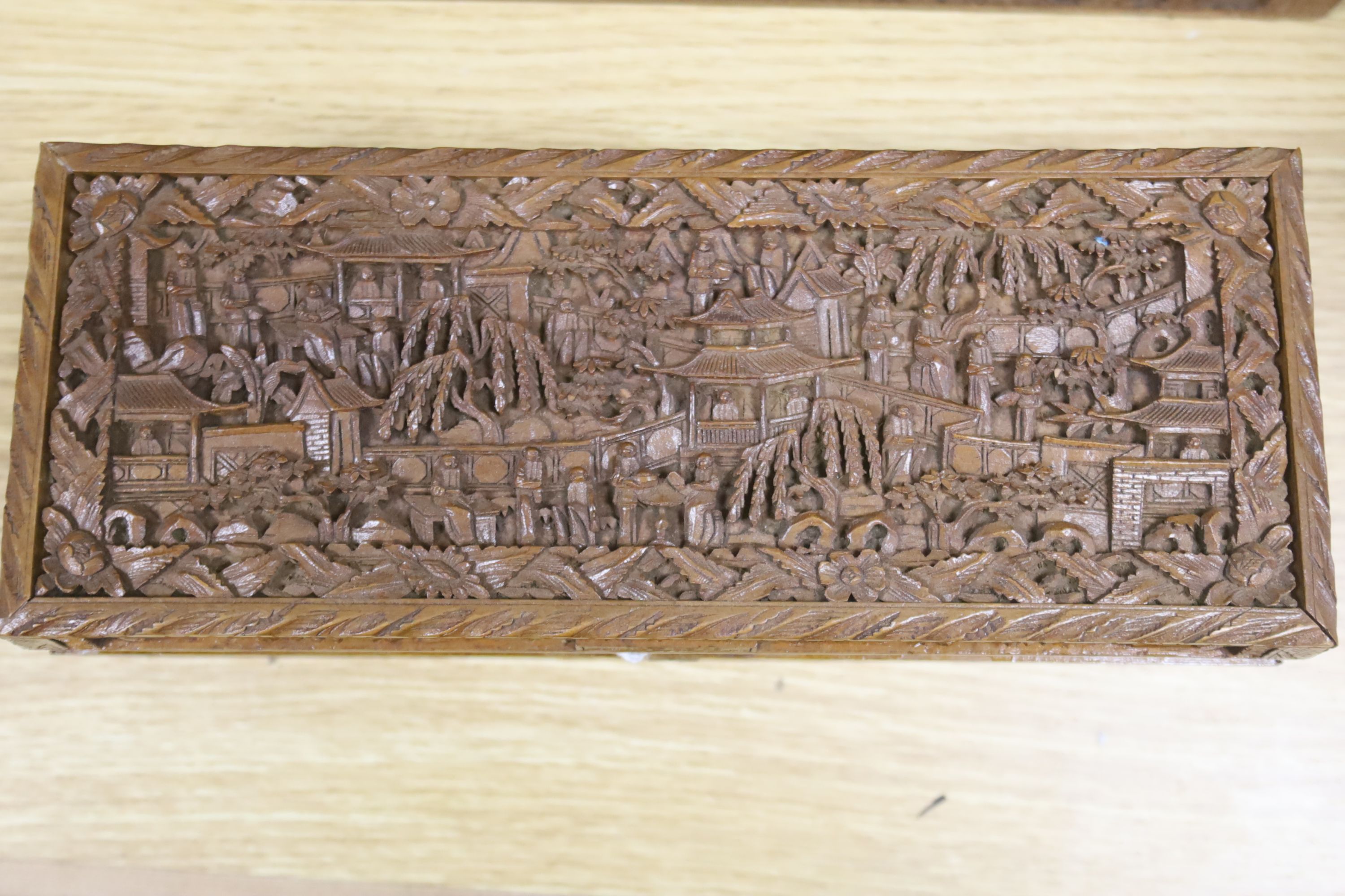 Three 19th century Chinese carved sandalwood boxes, 19th/20th century, longest 30cm